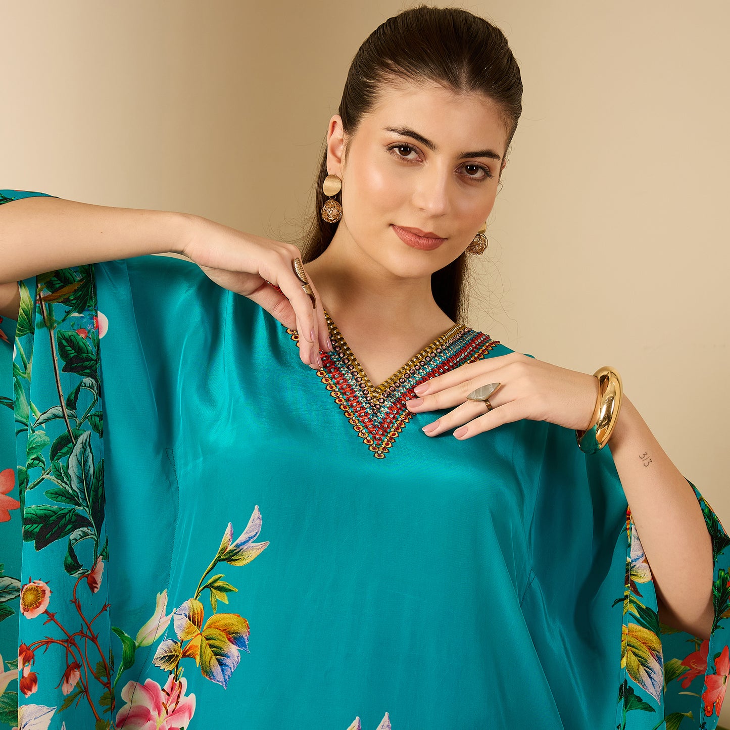 Teal Embellished Floral Kaftan Top