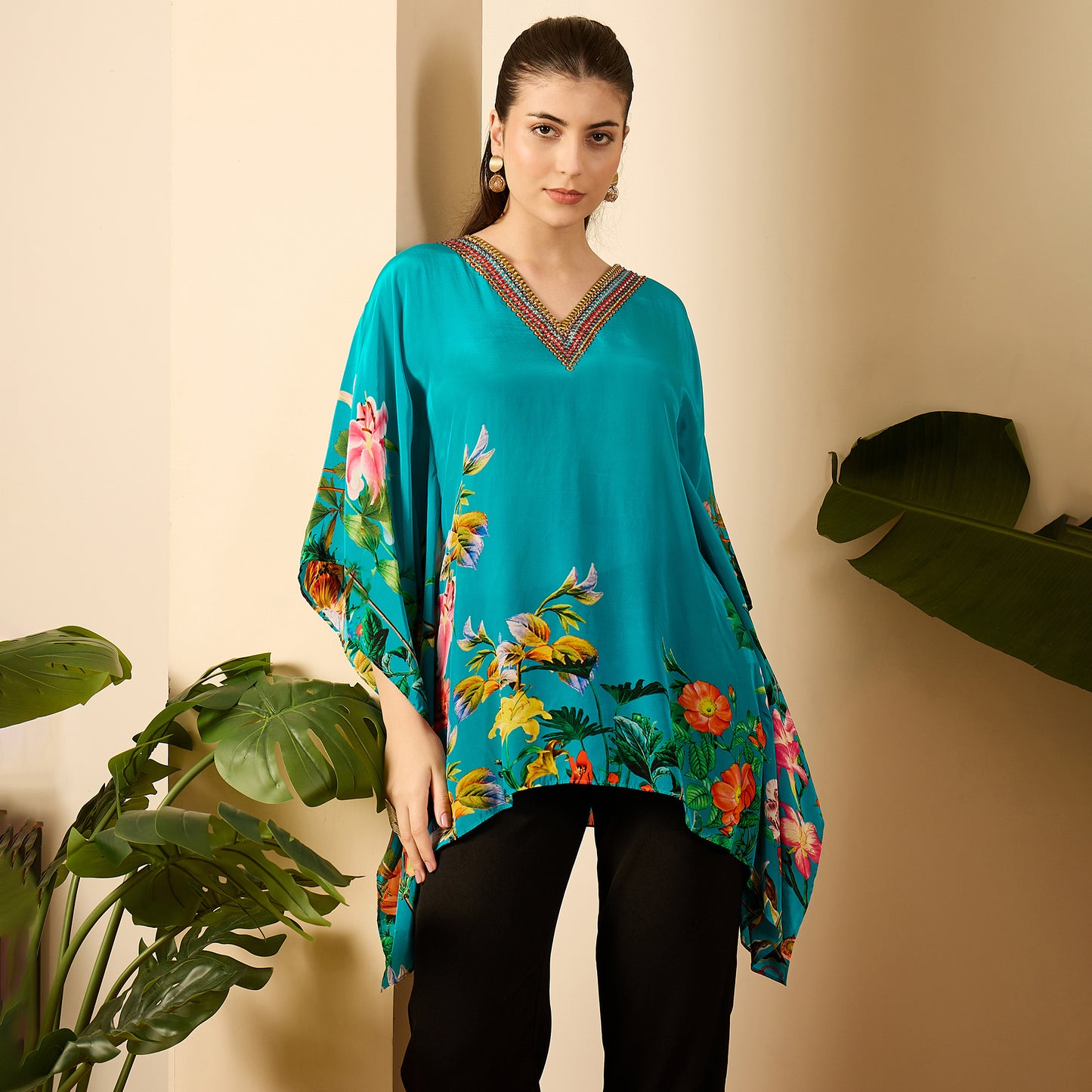 Teal Embellished Floral Kaftan Top