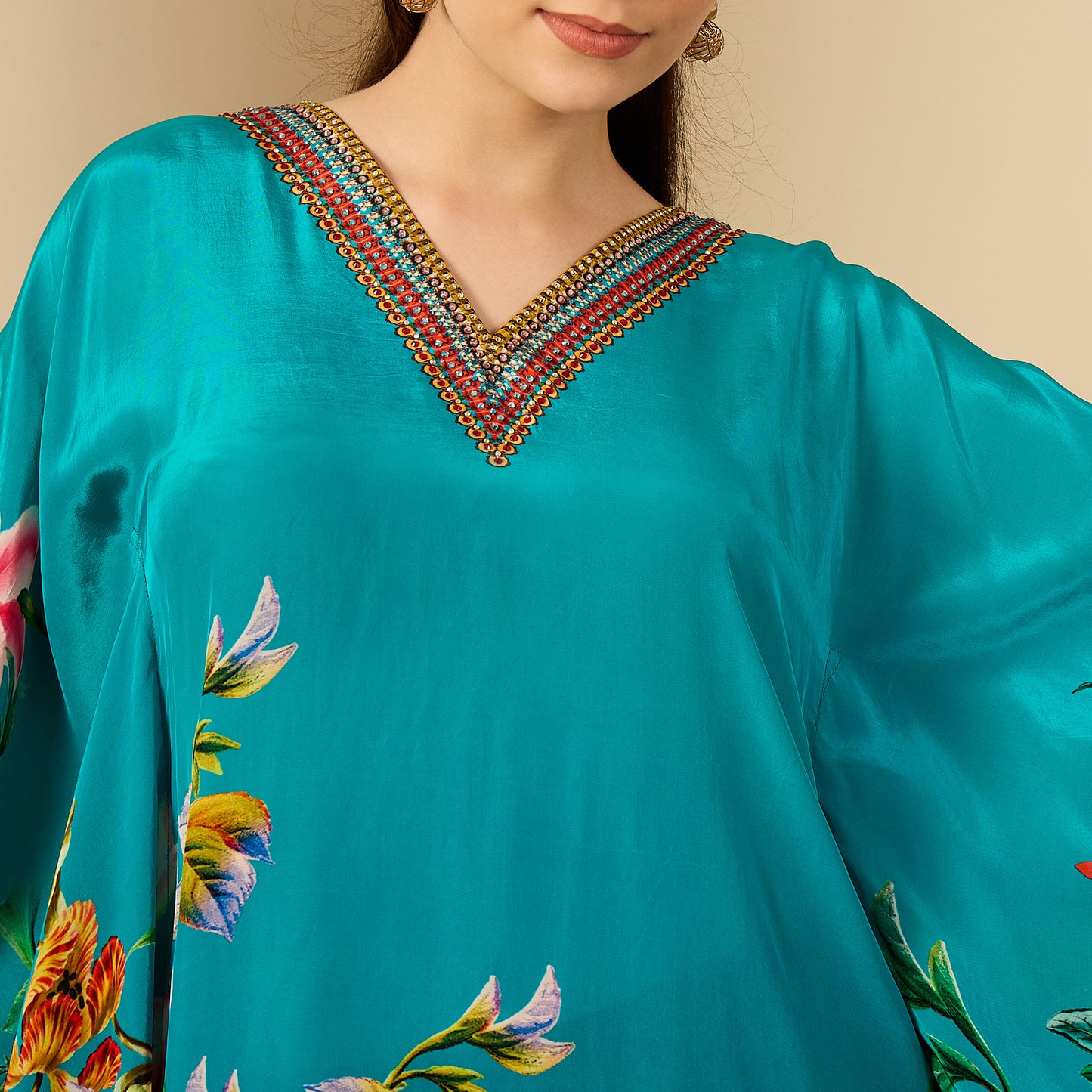 Teal Embellished Floral Kaftan Top