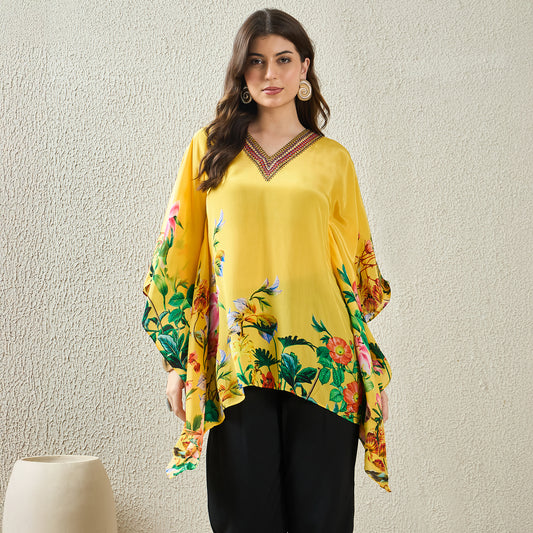 Yellow Embellished Floral Kaftan Top