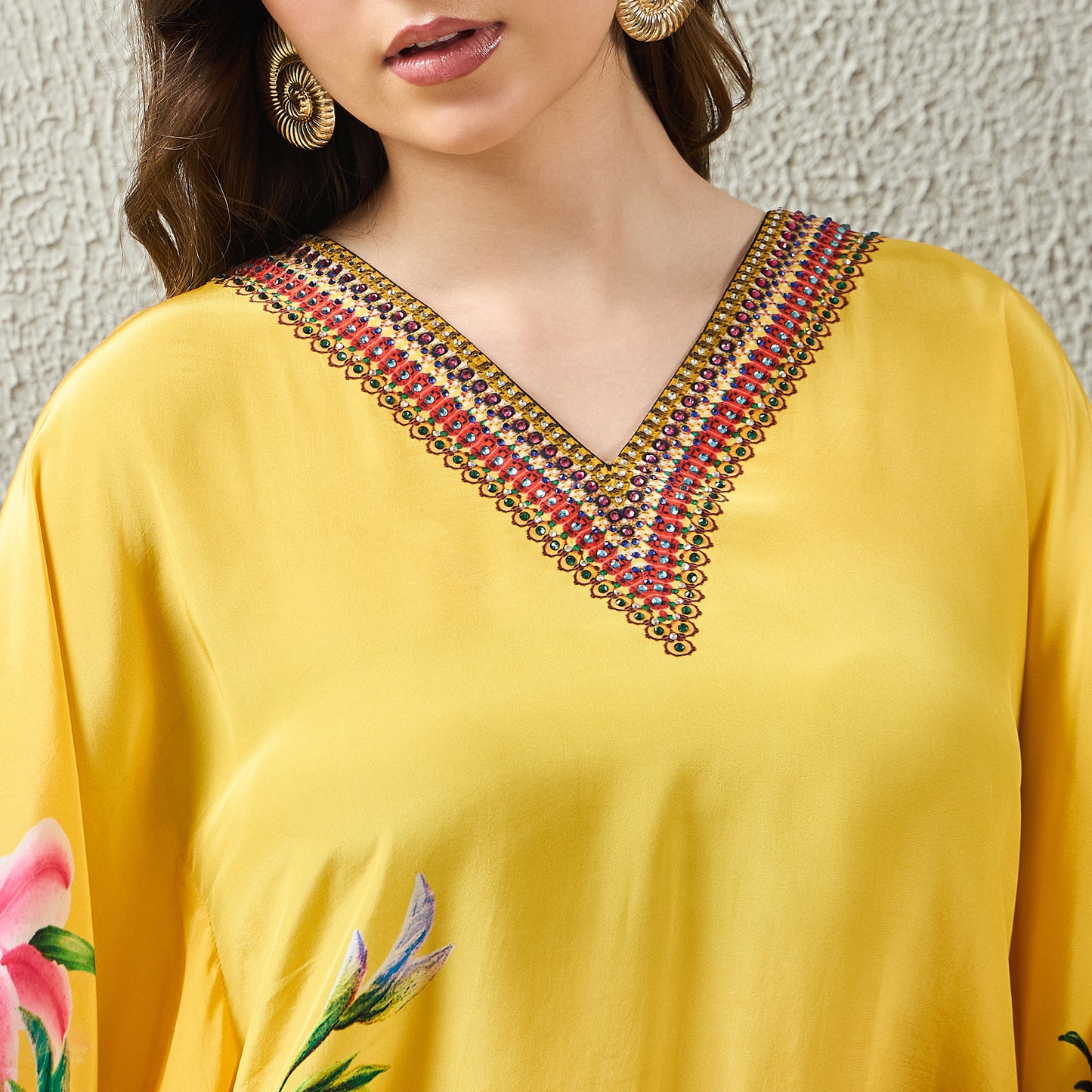 Yellow Embellished Floral Kaftan Top