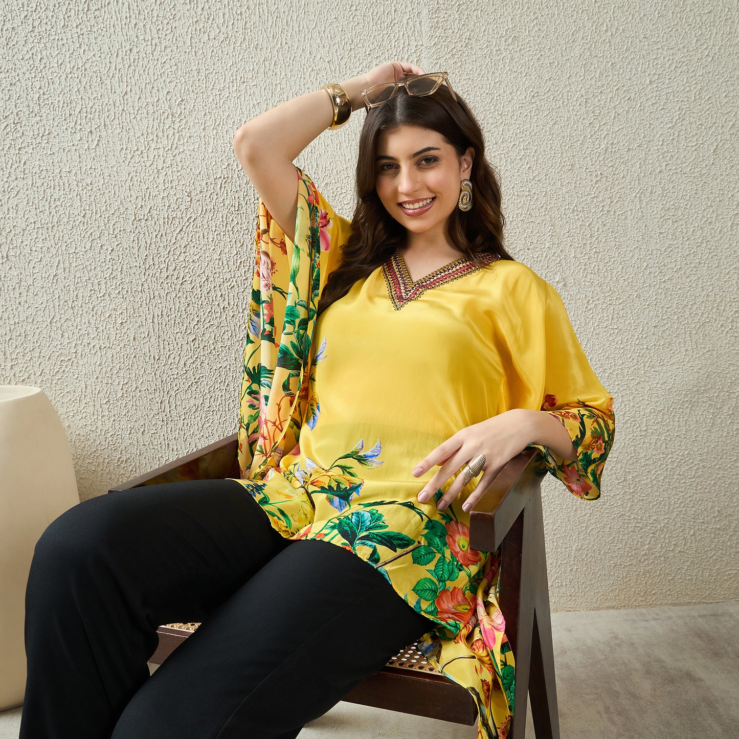 Yellow Embellished Floral Kaftan Top