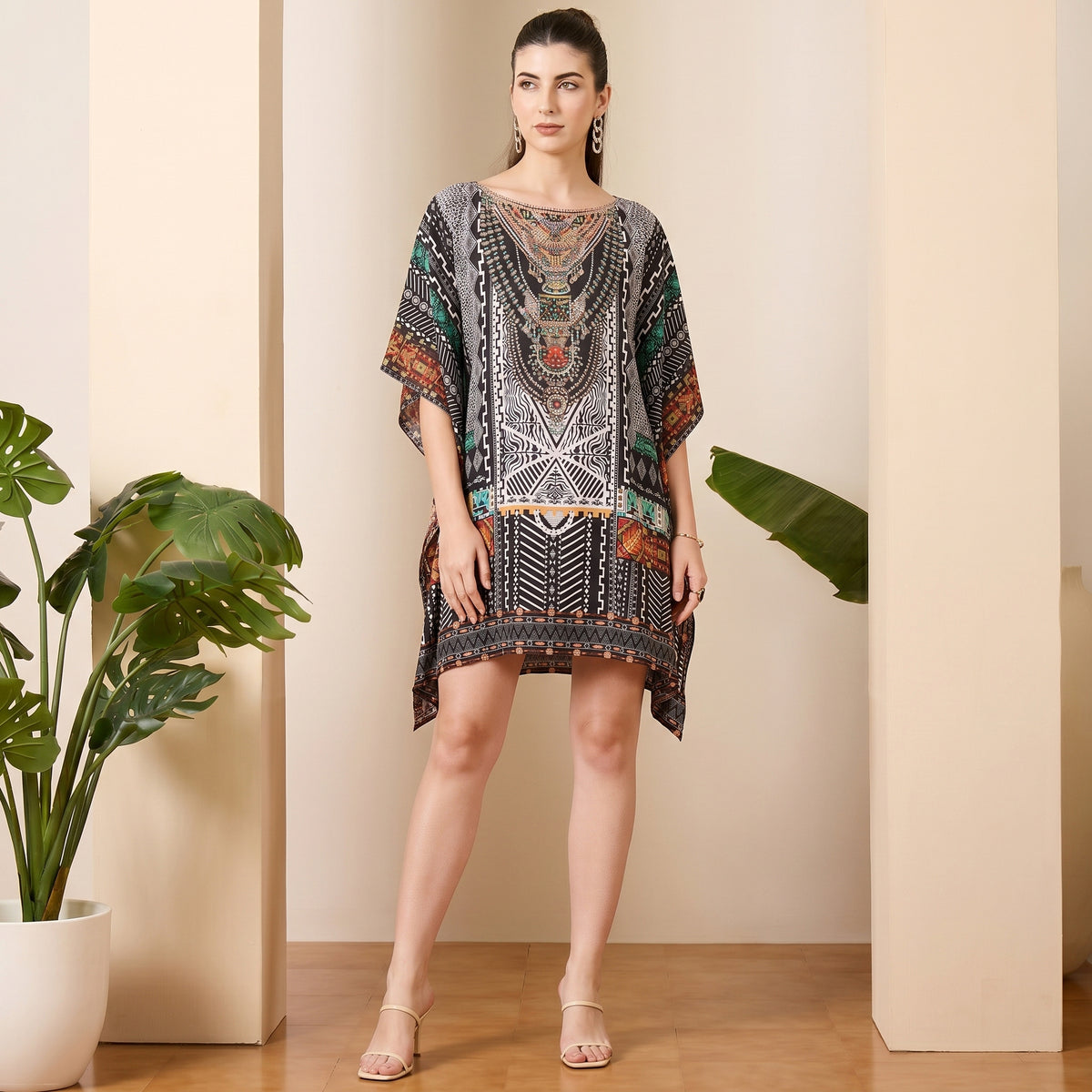 Black Geometric Print Kaftan for Women – Embellished | First Resort by Ramola Bachchan