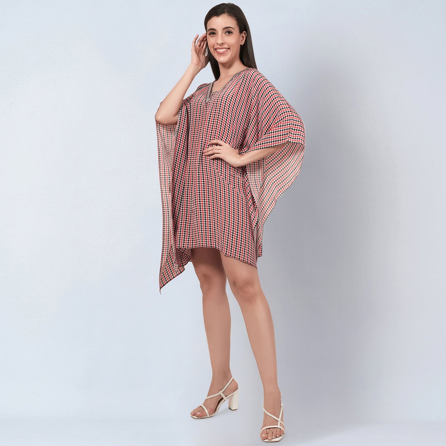 Red Embellished Houndstooth Kaftan Top