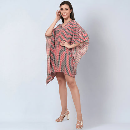 Red Embellished Houndstooth Kaftan Top