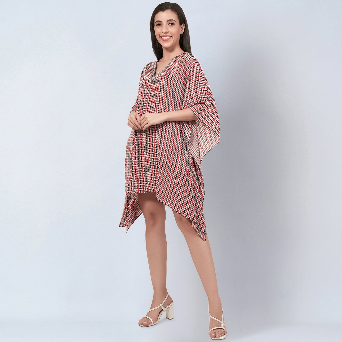 Red Embellished Houndstooth Kaftan Top