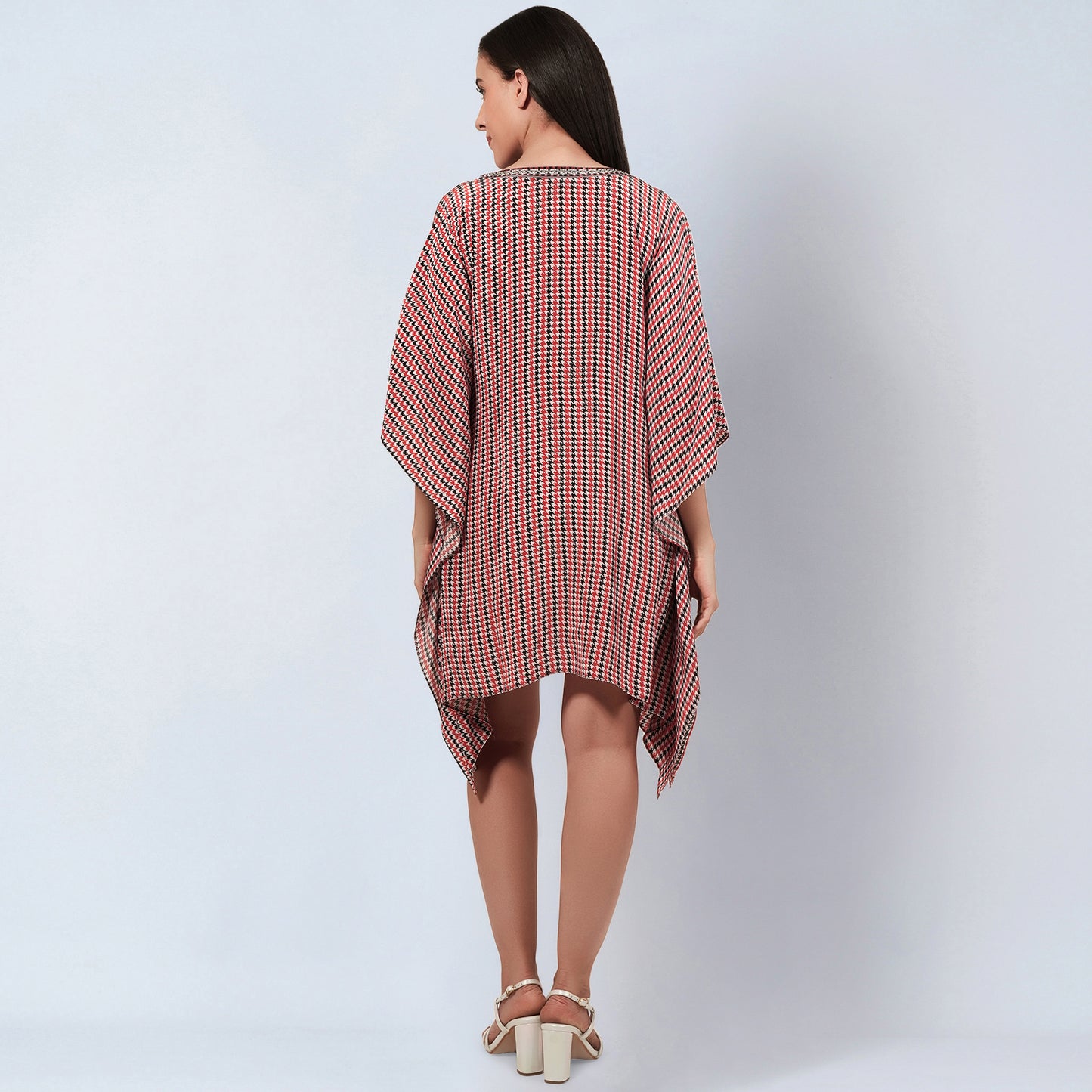 Red Embellished Houndstooth Kaftan Top