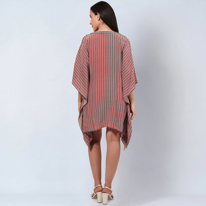 Red Embellished Houndstooth Kaftan Top