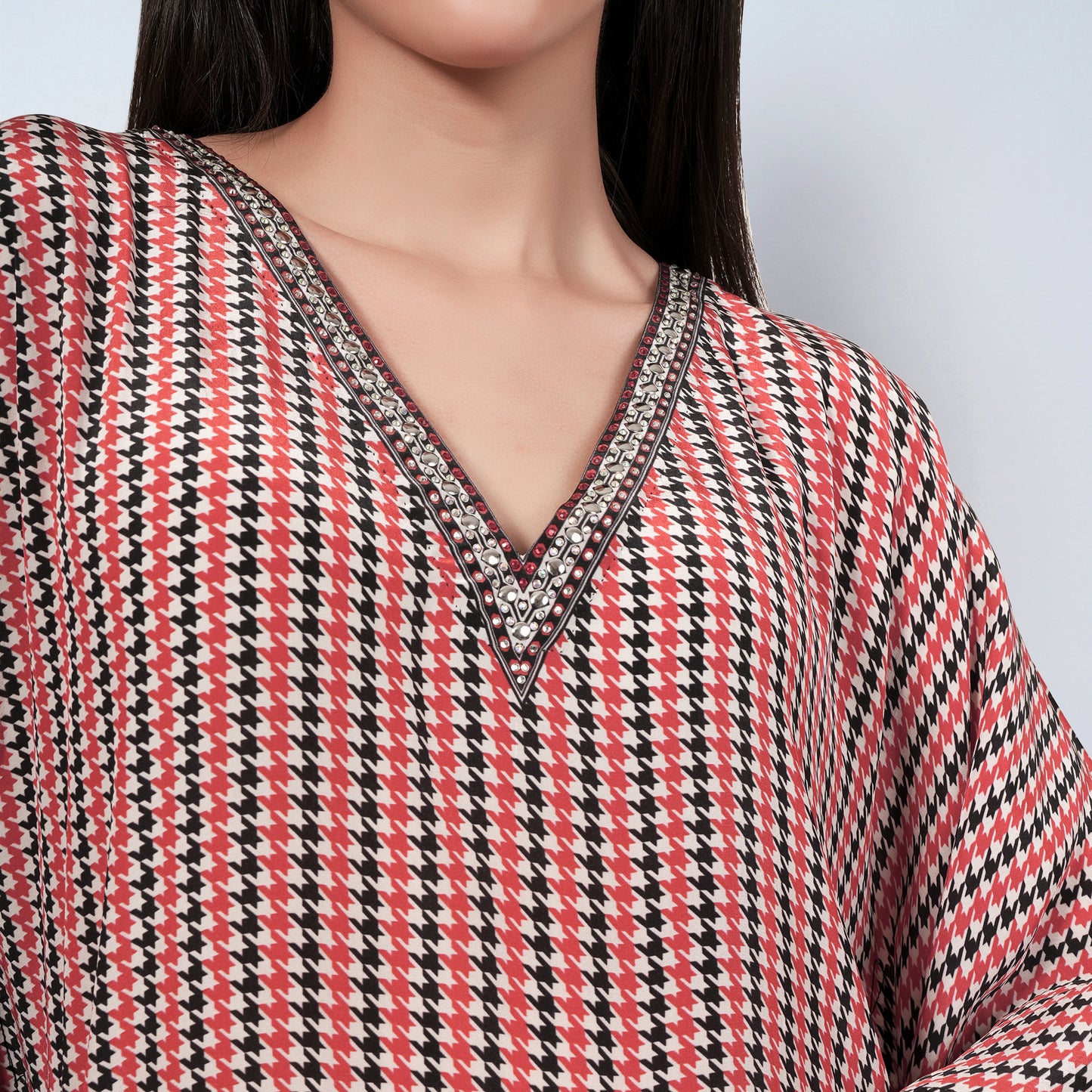 Red Embellished Houndstooth Kaftan Top