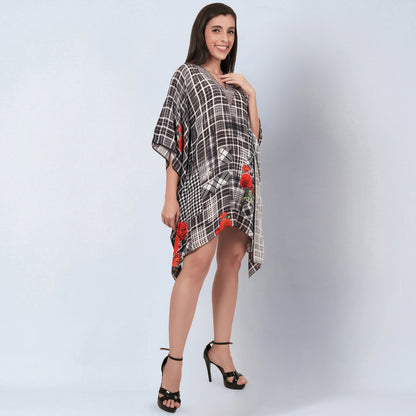 Black and White Embellished Check Print Kaftan Top