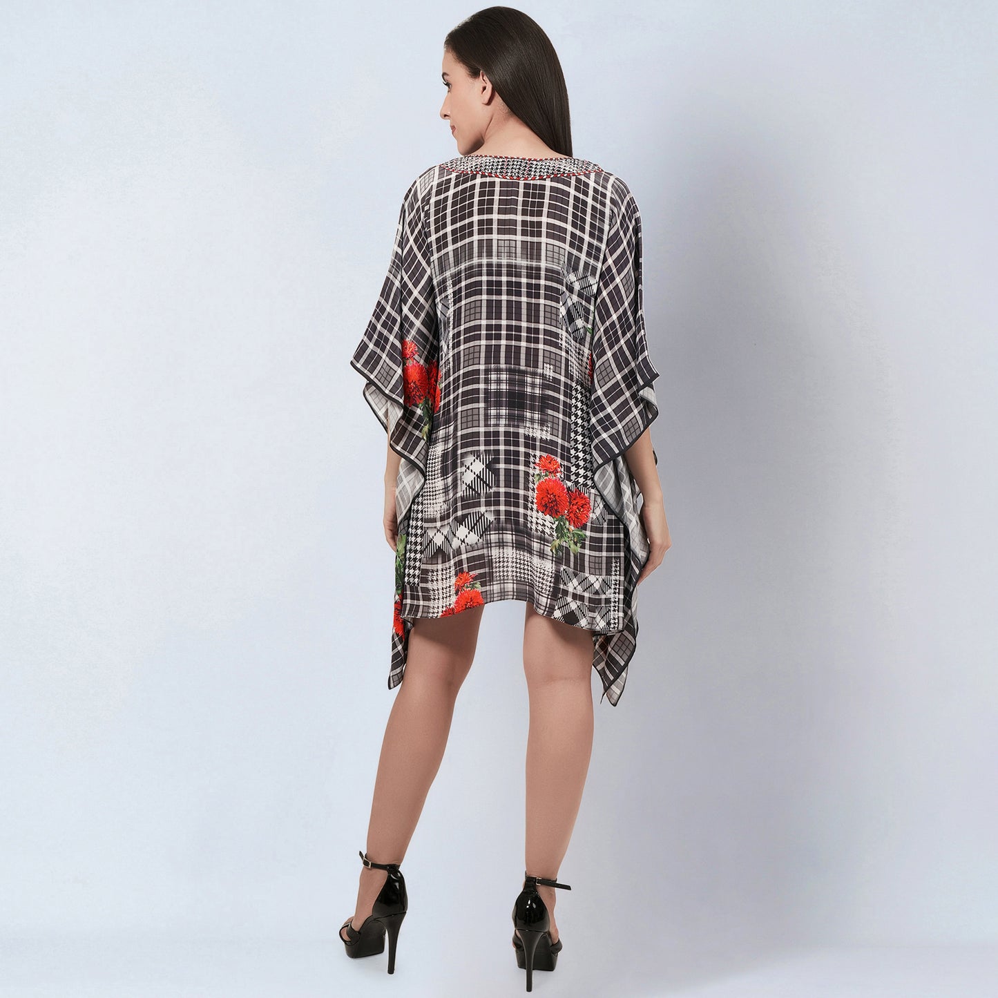 Black and White Embellished Check Print Kaftan Top