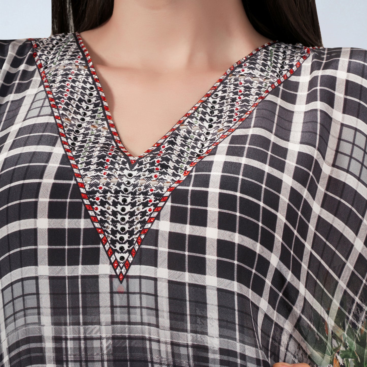 Black and White Embellished Check Print Kaftan Top