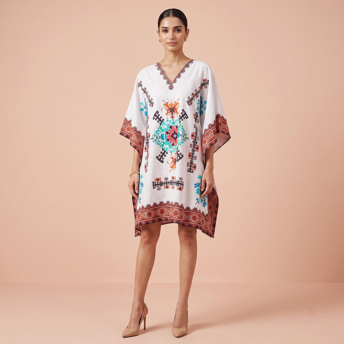 White And Blue Mosaic Print Kaftan for Women – Embellished | First Resort by Ramola Bachchan