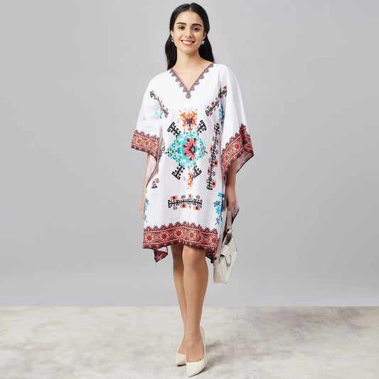 White and Blue Mosaic Print Kaftan Top