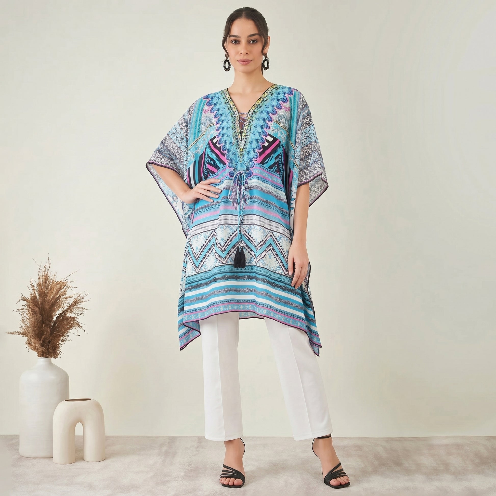 Blue Geometric Print Kaftan for Women – Viscose Crepe | First Resort by Ramola Bachchan