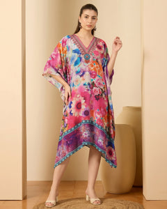 Multicoloured Botanical Print Silk Kaftan Tunic