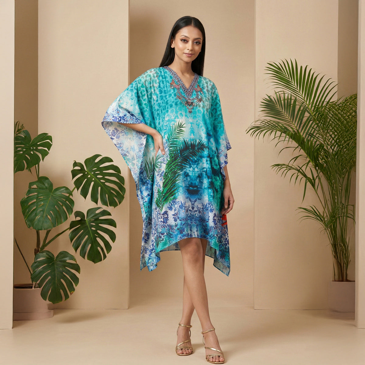 Blue And Green Tropical Print Kaftan for Women – Embellished | First Resort by Ramola Bachchan