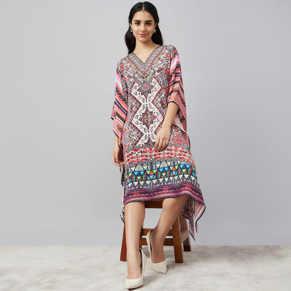 Multicoloured Geometric Print Silk Kaftan Tunic