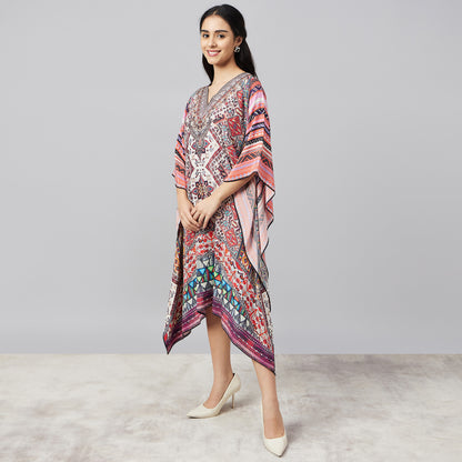 Multicoloured Geometric Print Silk Kaftan Tunic