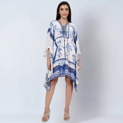 White and Blue Embellished Floral Print Kaftan Tunic