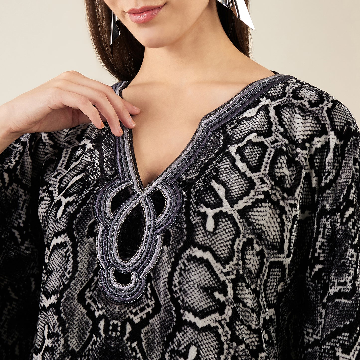 Grey Hand Embroidered Animal Print Silk Velvet Kaftan Tunic