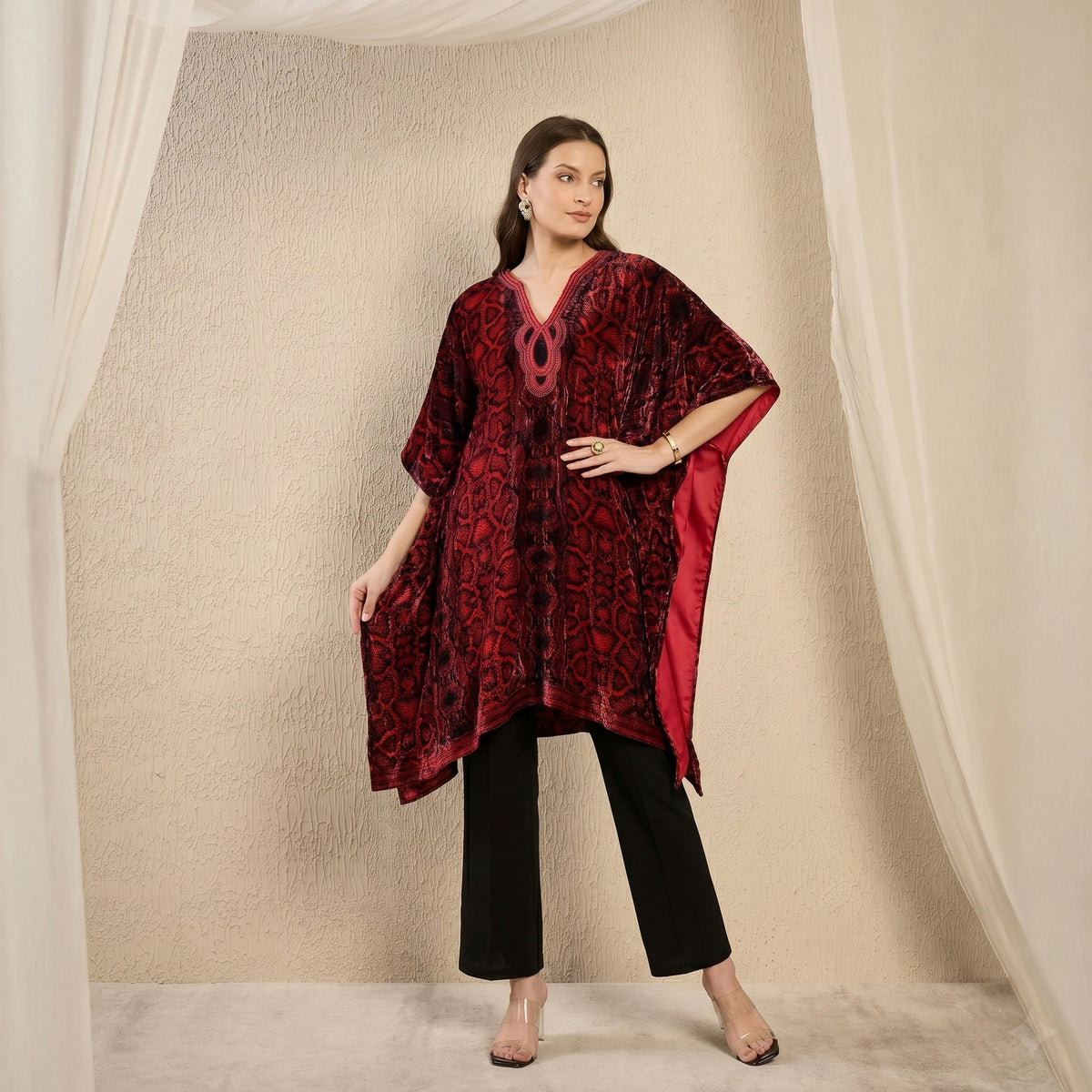 Red Animal Print Kaftan for Women – Embroidered | First Resort by Ramola Bachchan