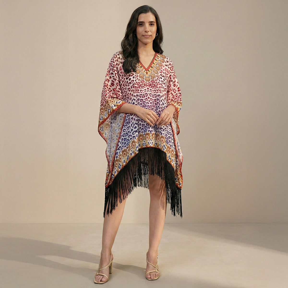 Burnt Orange And Brown Animal Print Kaftan for Women – Embellished | First Resort by Ramola Bachchan