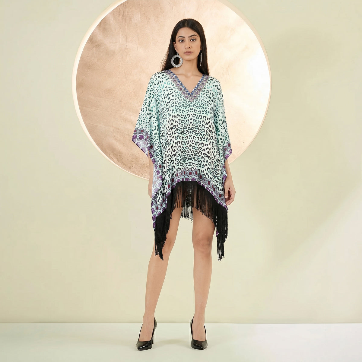 Teal Green Animal Print Kaftan for Women – Embellished | First Resort by Ramola Bachchan
