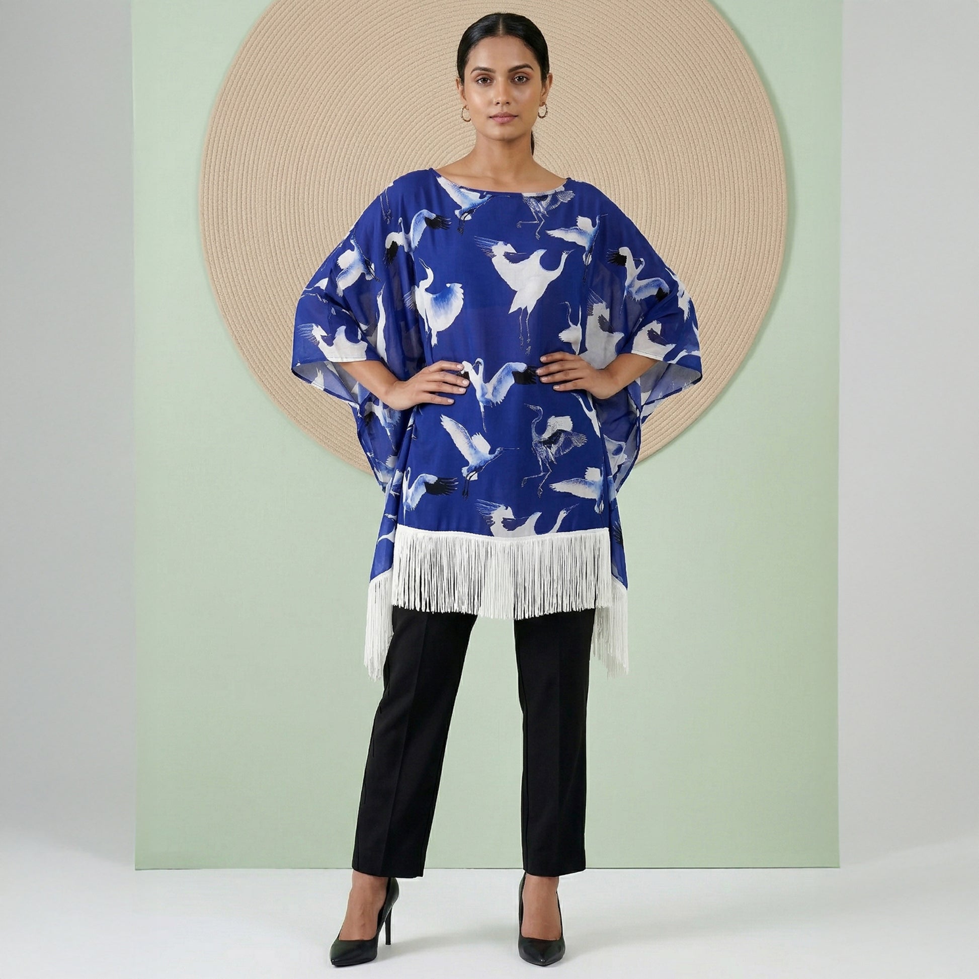 Navy Blue Flamingo Print Kaftan for Women – Viscose Crepe | First Resort by Ramola Bachchan