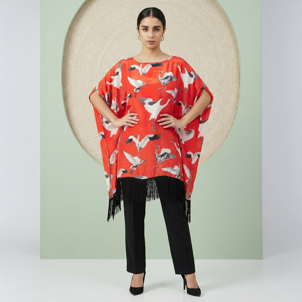 Red Flamingo Print Kaftan for Women – Viscose Crepe | First Resort by Ramola Bachchan