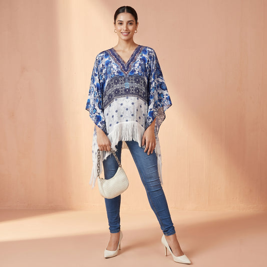 White And Blue Porcelain Print Kaftan for Women – Embellished | First Resort by Ramola Bachchan
