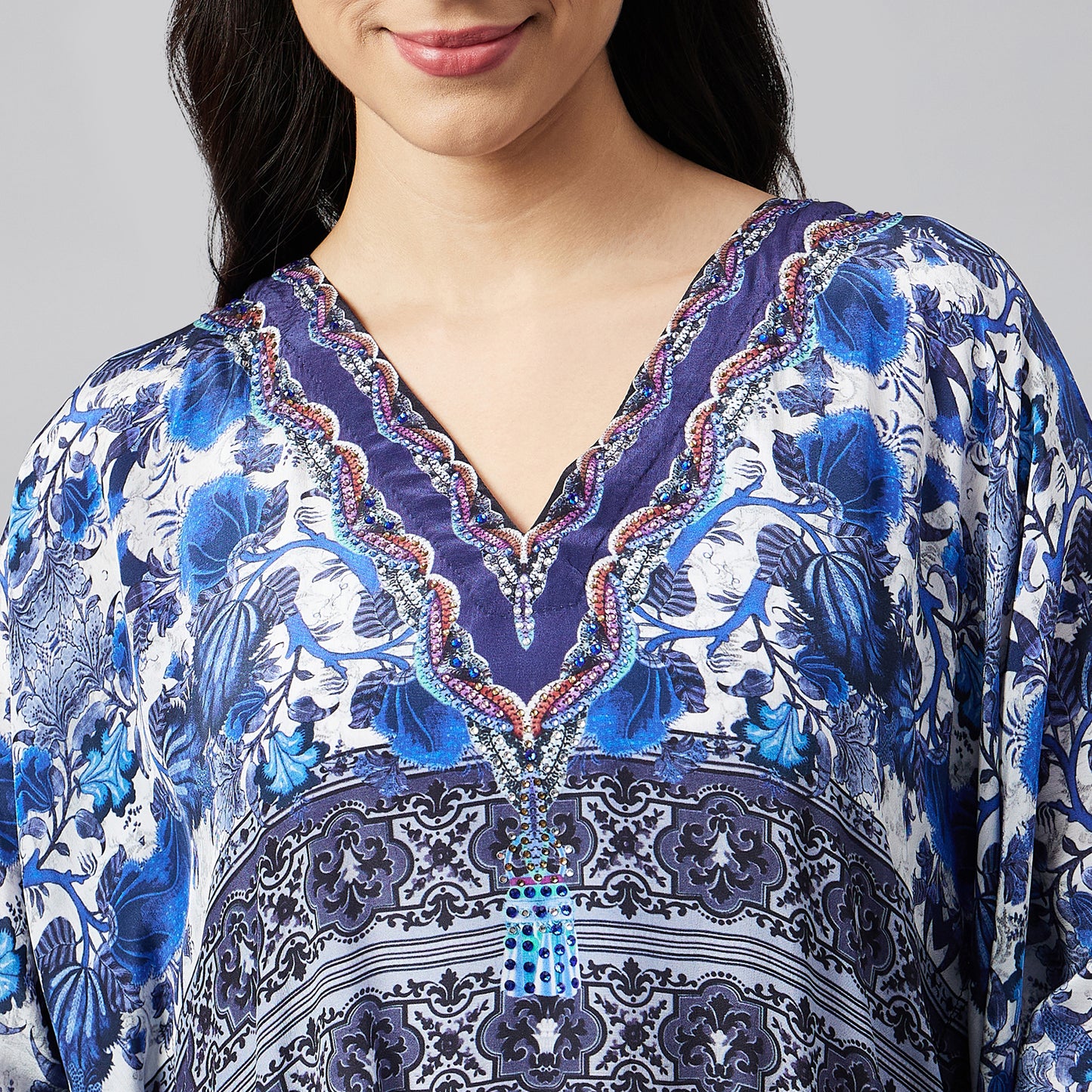 White and Blue Porcelain Print Embellished Kaftan Top