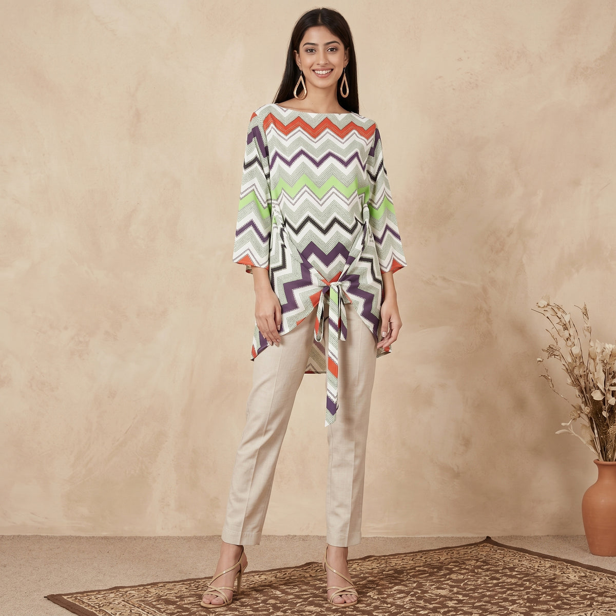 Orange And Green Chevron Print Kaftan for Women – Embellished | First Resort by Ramola Bachchan