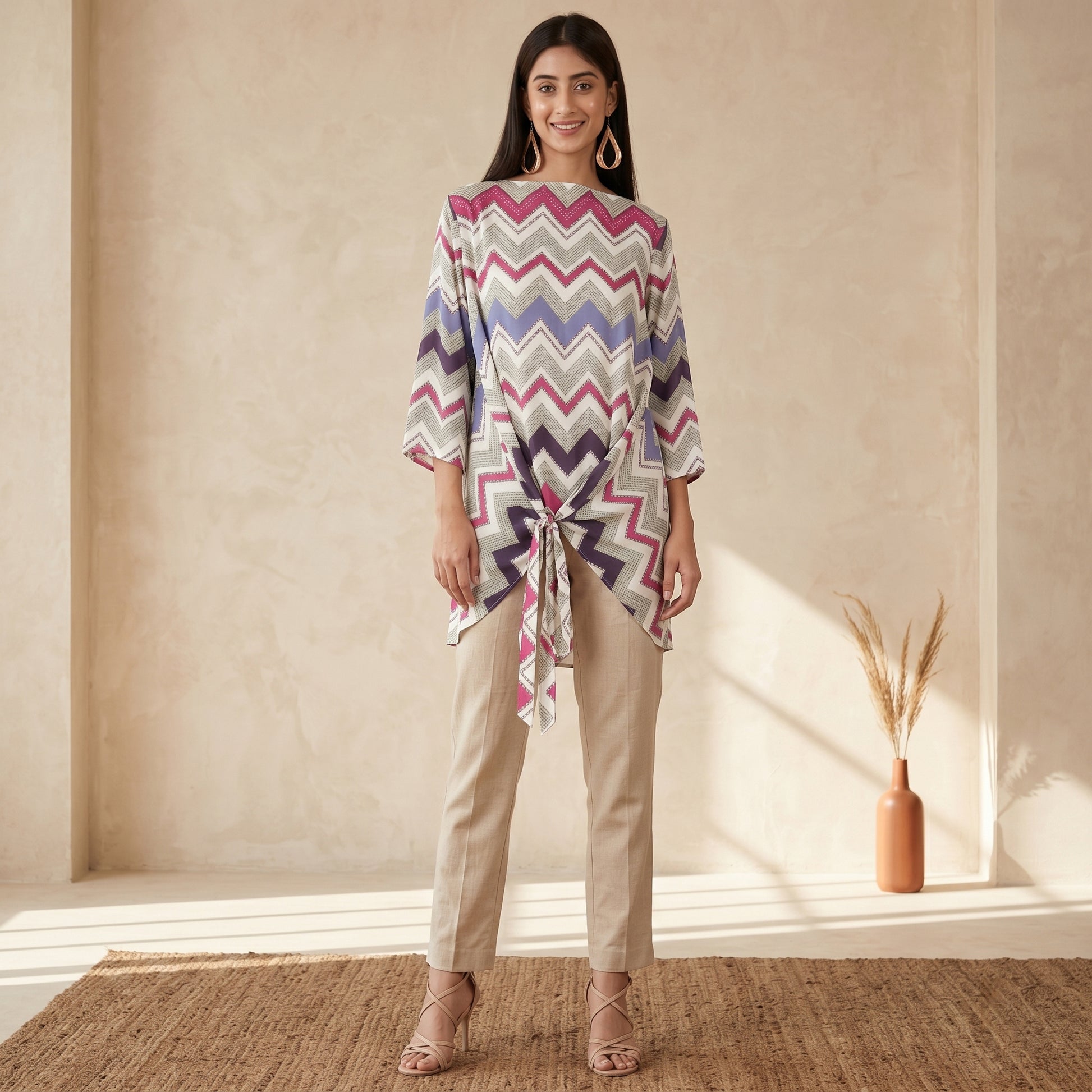 Pink And Blue Chevron Print Kaftan for Women – Embellished | First Resort by Ramola Bachchan