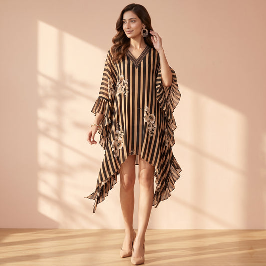 Black And Caramel Stripe And Floral Print Kaftan for Women – Embellished | First Resort by Ramola Bachchan