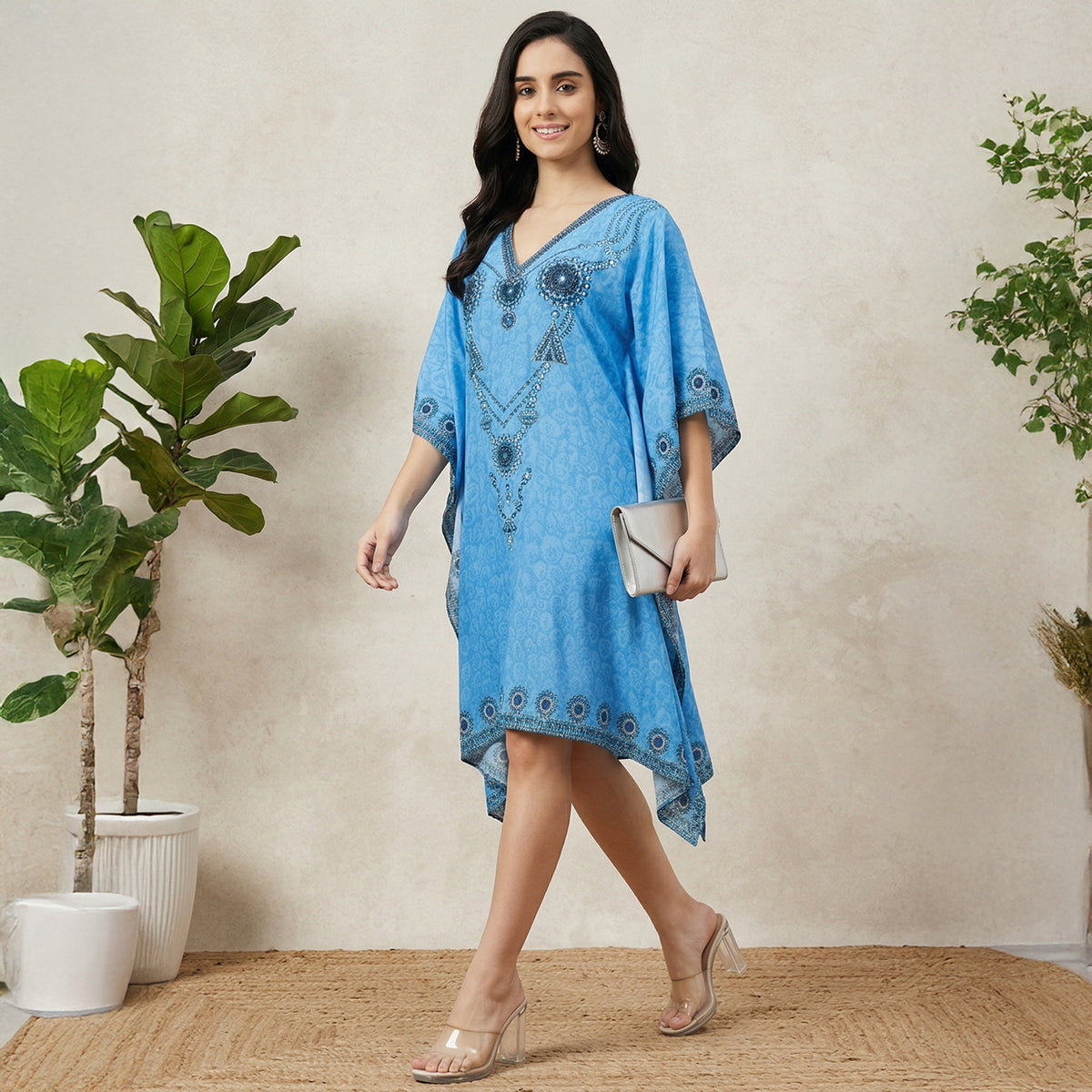 Blue Pearl Print Kaftan for Women – Embellished | First Resort by Ramola Bachchan