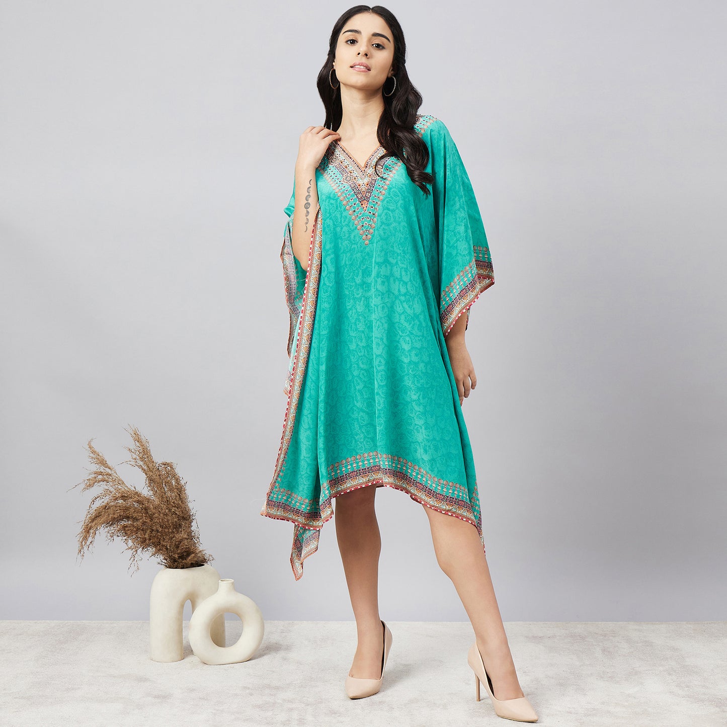 Green Pearl Embellished Kaftan Tunic