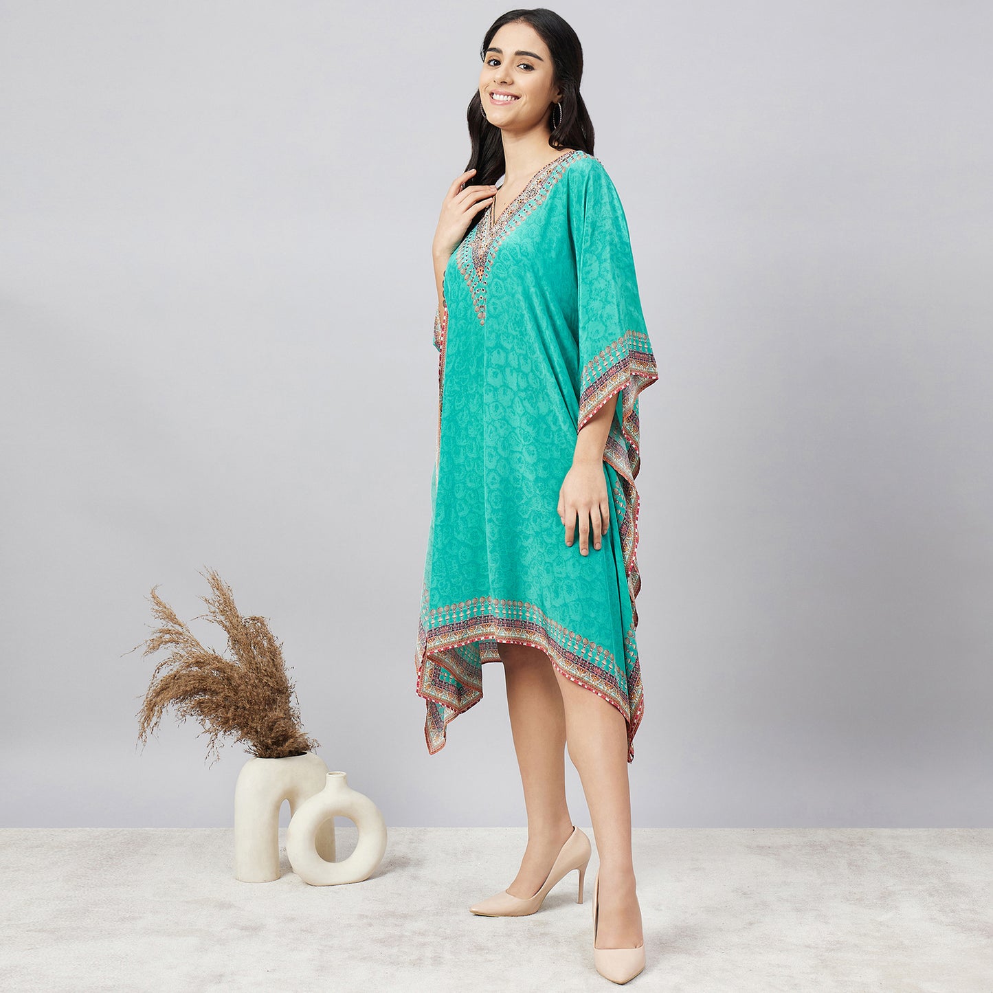 Green Pearl Embellished Kaftan Tunic
