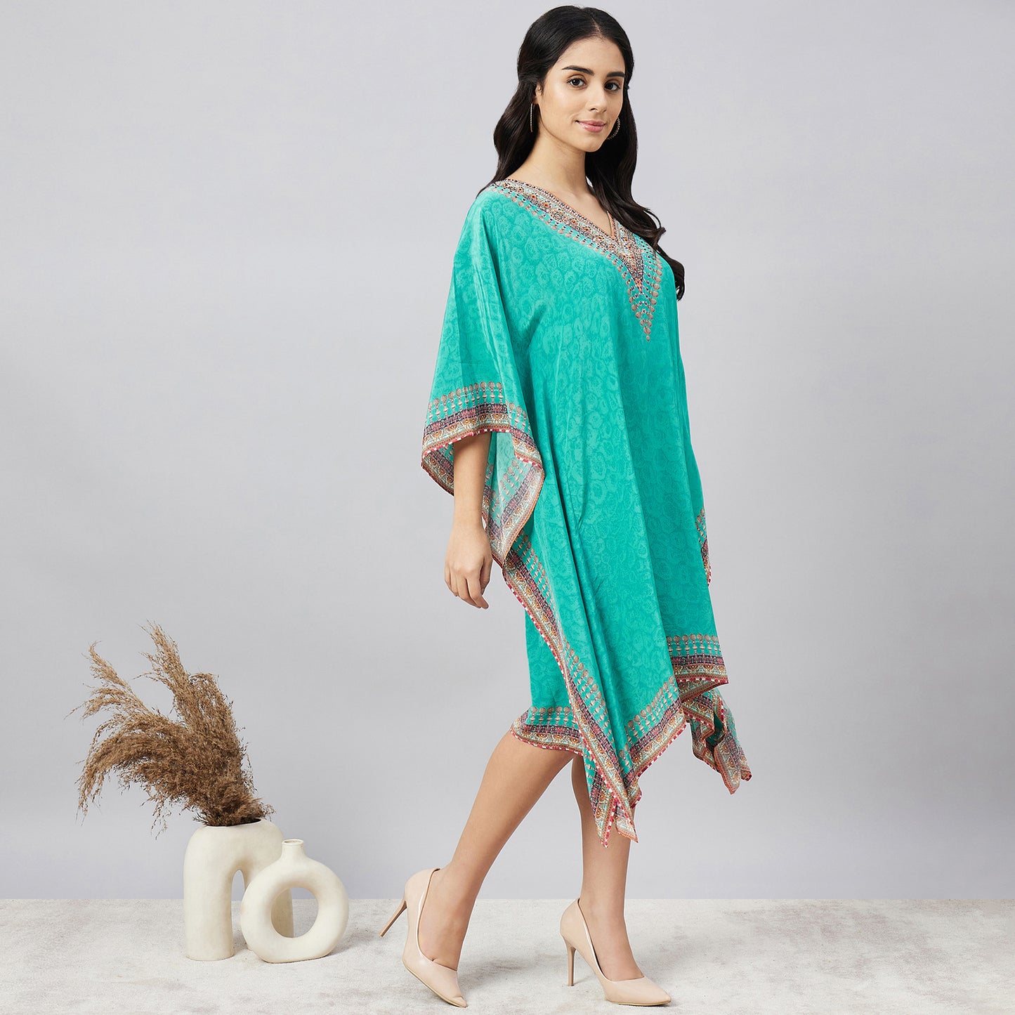 Green Pearl Embellished Kaftan Tunic
