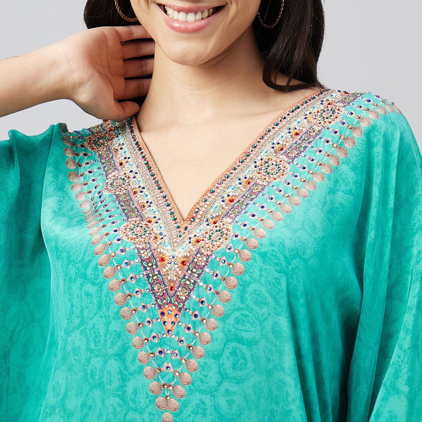 Green Pearl Embellished Kaftan Tunic