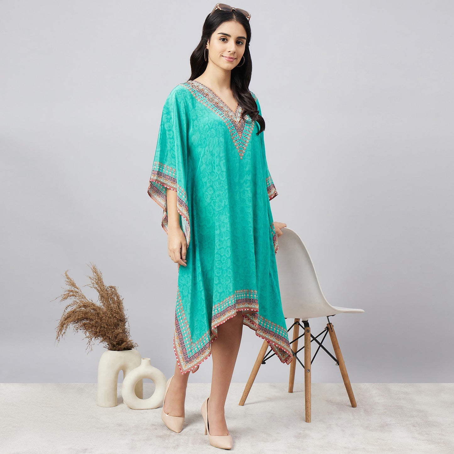 Green Pearl Embellished Kaftan Tunic