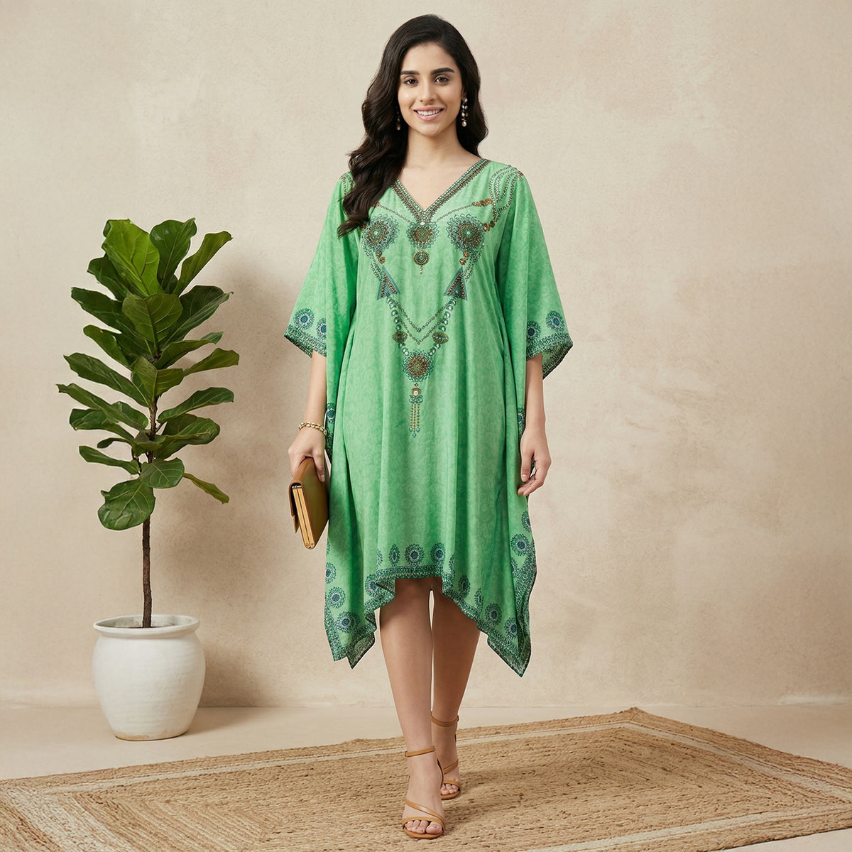 Parrot Green Pearl Print Kaftan for Women – Embellished | First Resort by Ramola Bachchan