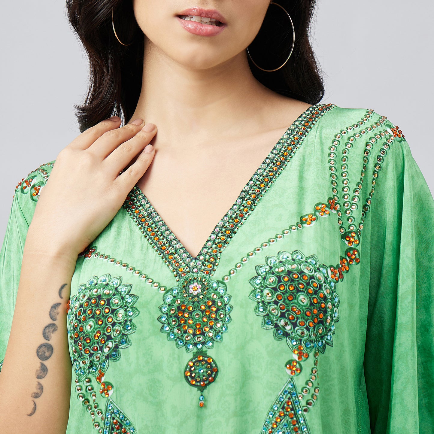 Parrot Green Pearl Embellished Kaftan Tunic