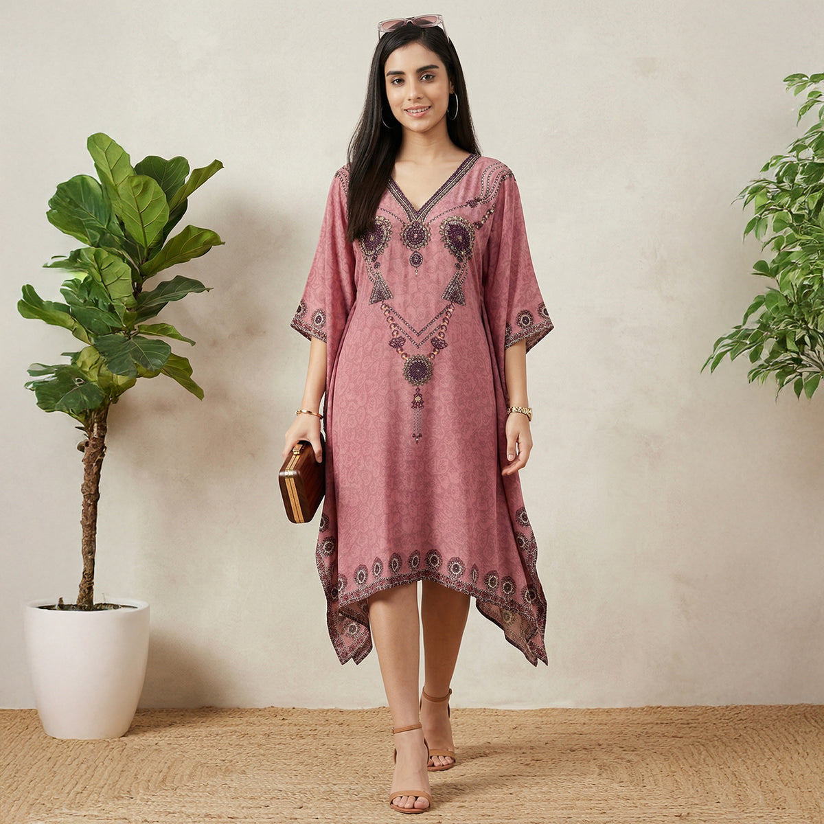 Rouge Pink Pearl Print Kaftan for Women – Embellished | First Resort by Ramola Bachchan