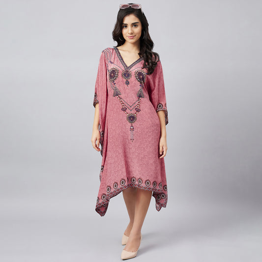 Rouge Pink Pearl Embellished Kaftan Tunic