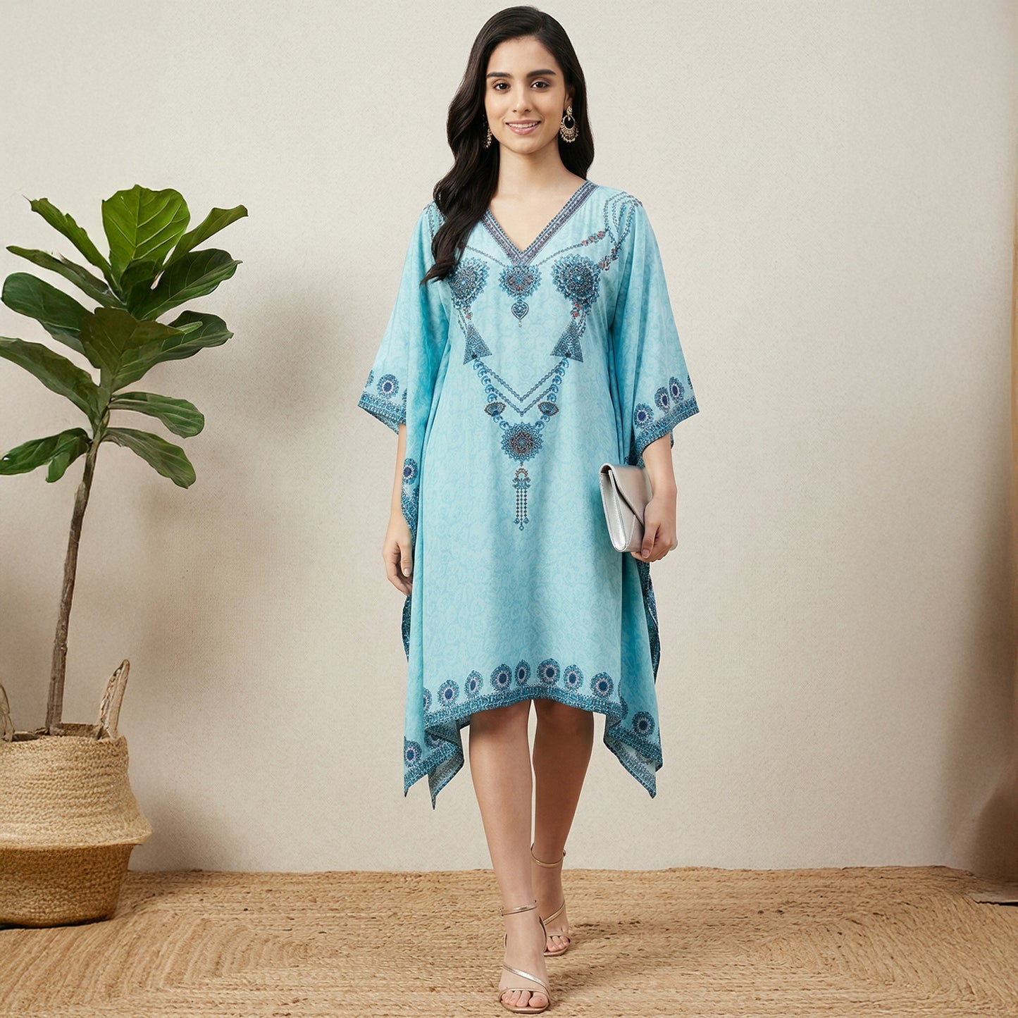 Sky Blue Pearl Print Kaftan for Women – Embellished | First Resort by Ramola Bachchan