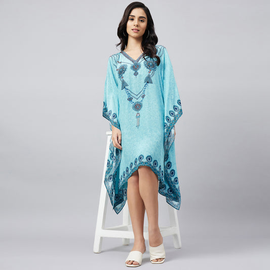 Sky Blue Pearl Embellished Kaftan Tunic