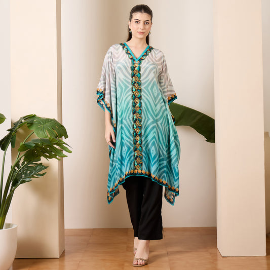 Aqua Blue Tribal Baroque Printed Kaftan Top