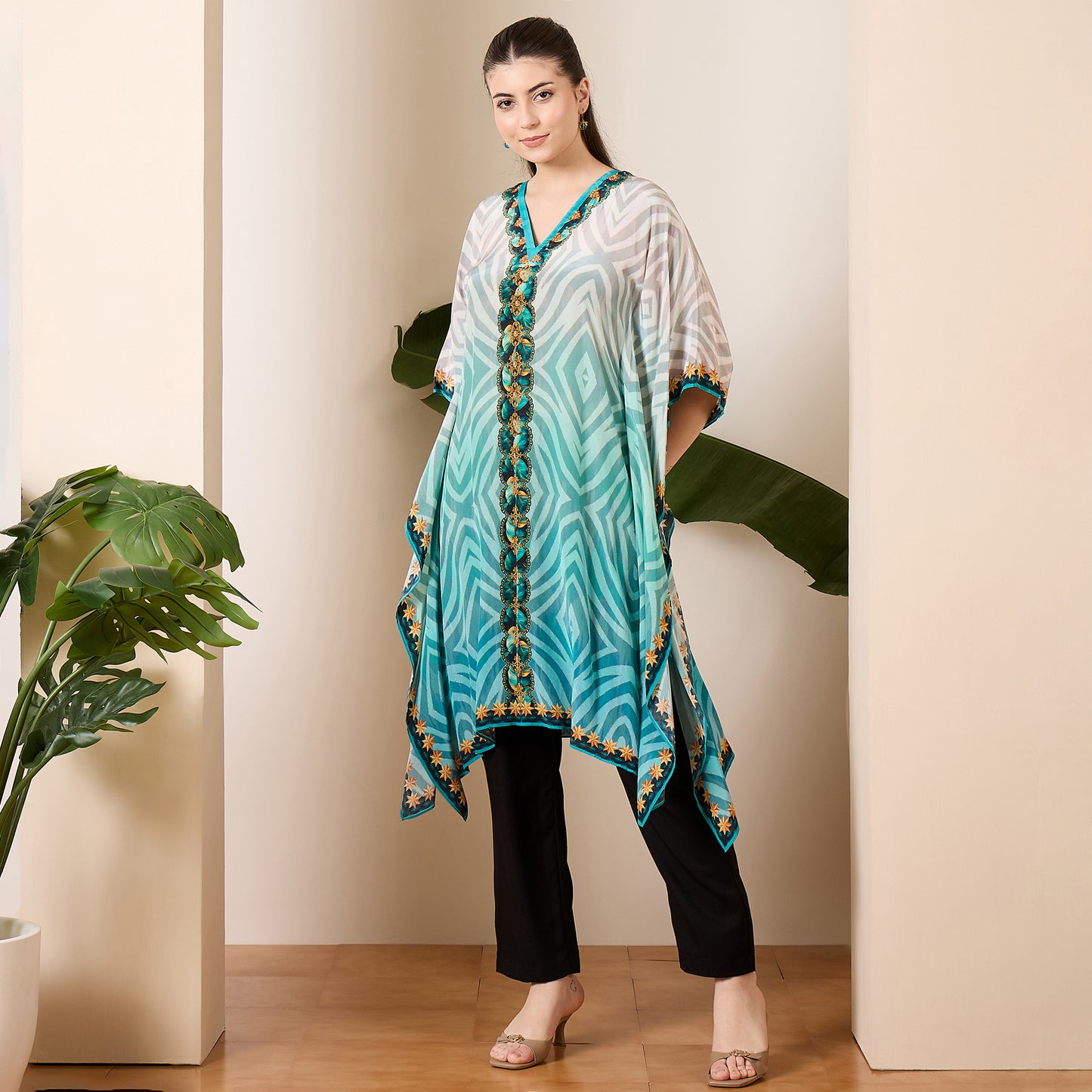 Aqua Blue Tribal Baroque Printed Kaftan Top