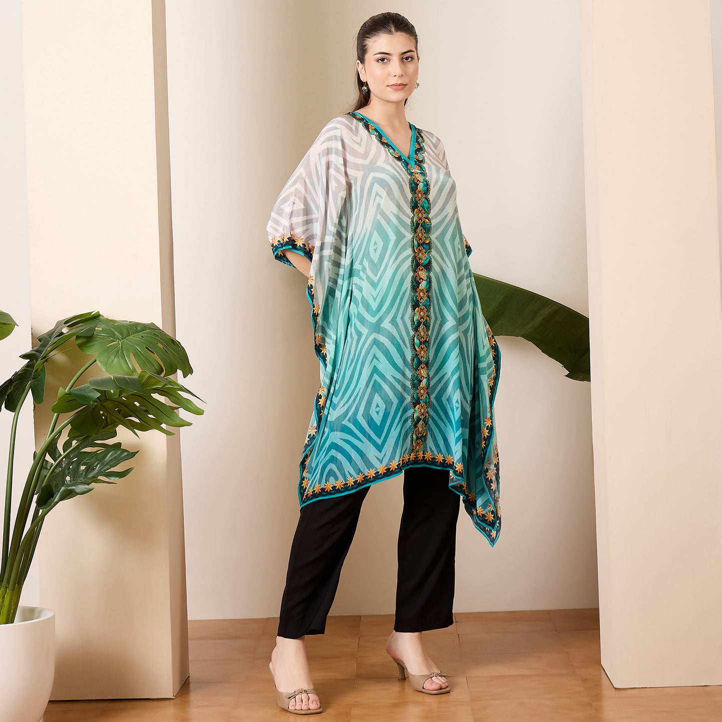 Aqua Blue Tribal Baroque Printed Kaftan Top